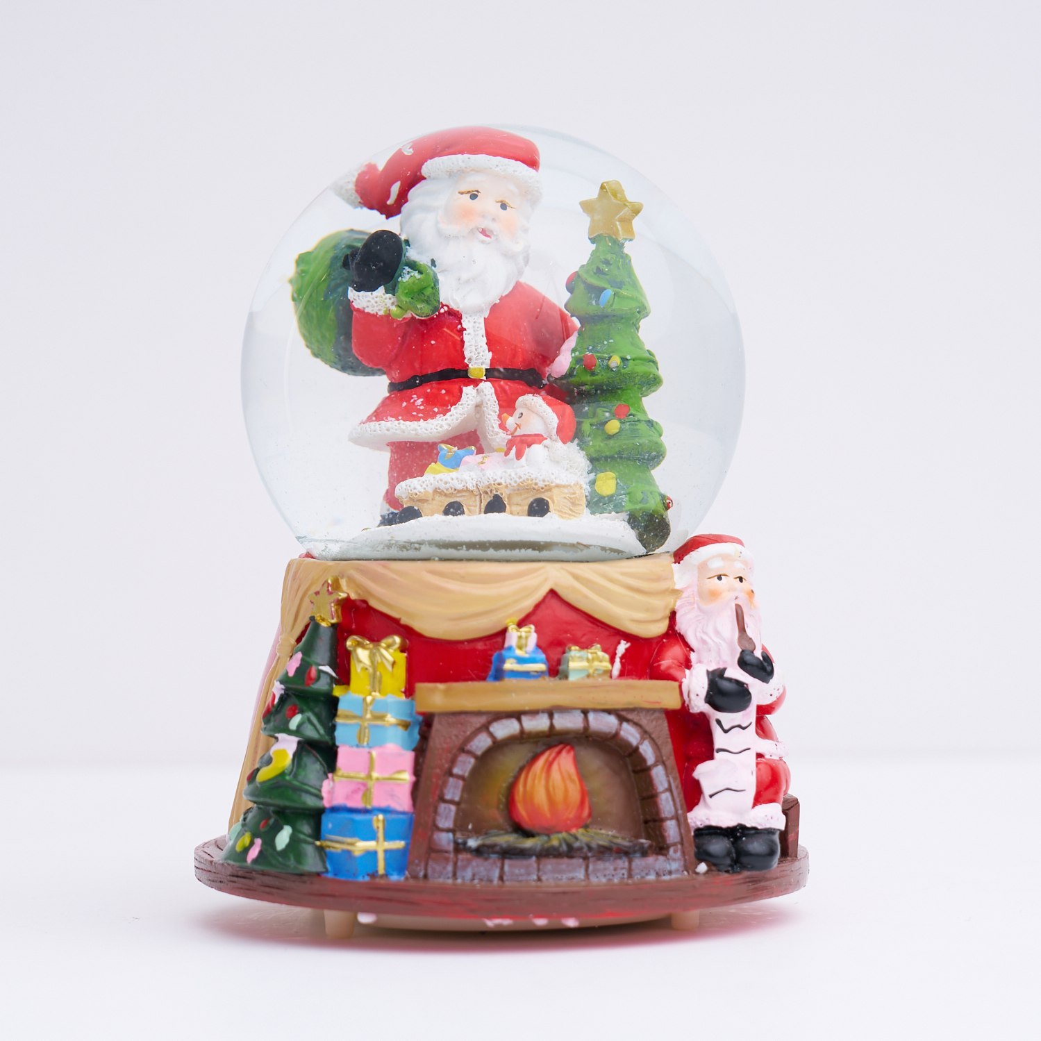 Ballantynes Santa/Tree/Gifts On Mantlepiece Snowglobe 12cm